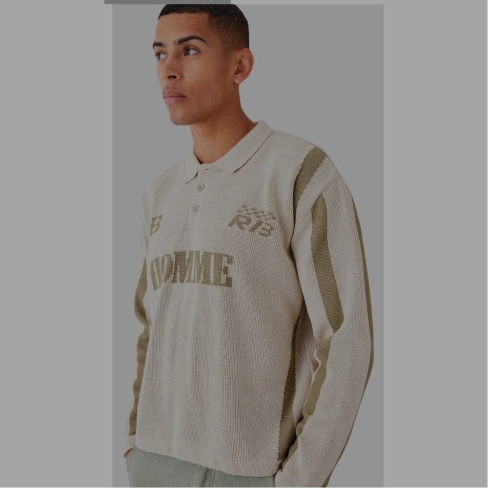 M719)Boohoo Man Boxy Long Sleeve Knitted Color Block Oversized Moto Polo Medium